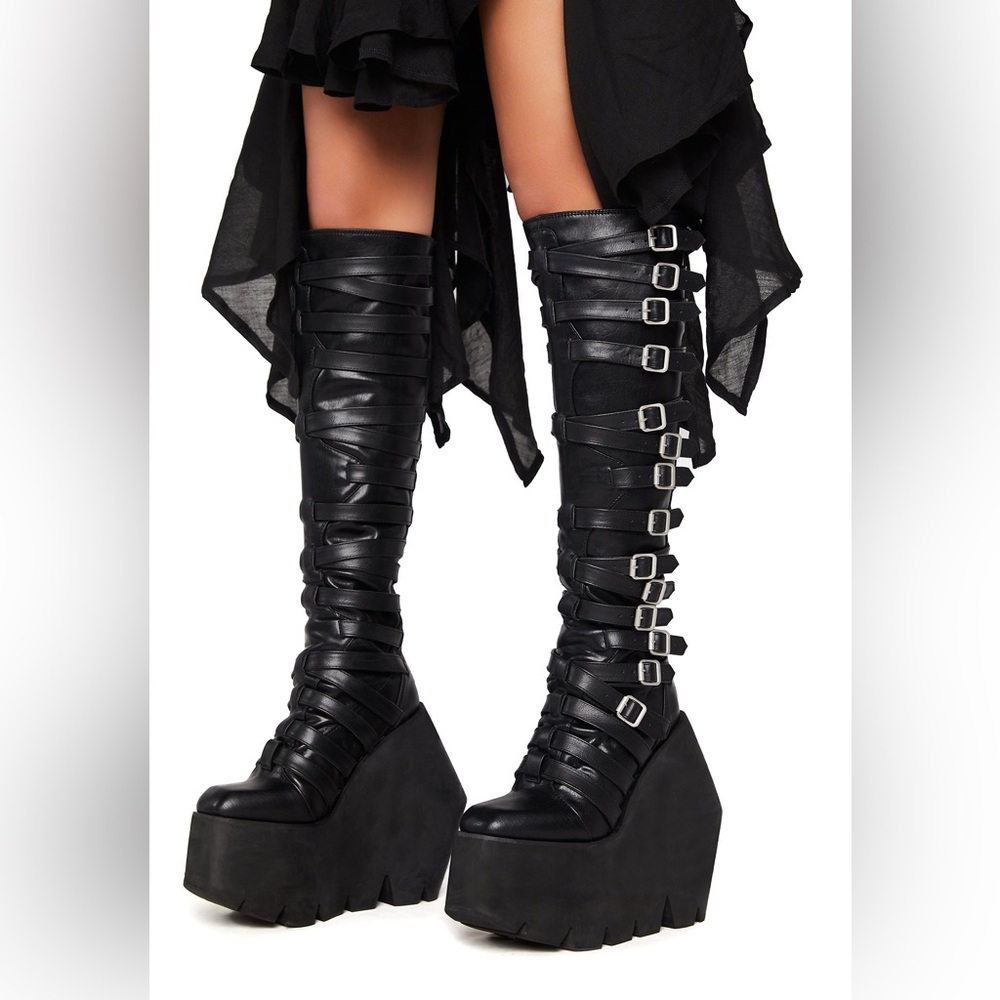 Gothic Black Buckle Strappy Monster Wedge Knee High Platform Boots - 9